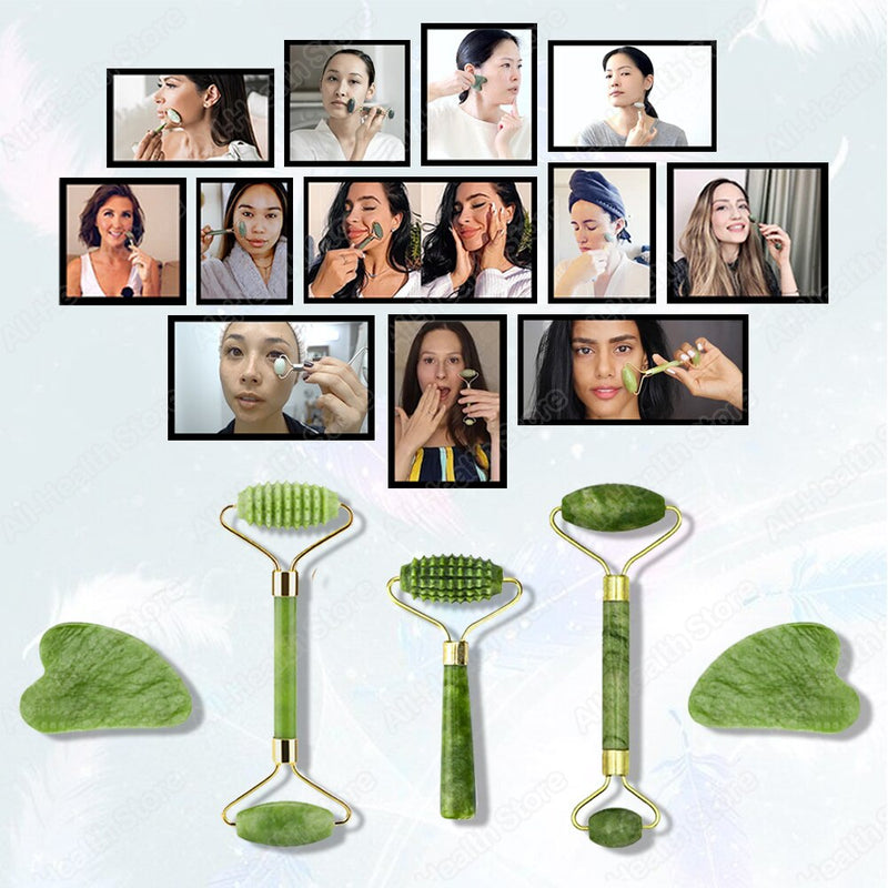 Rolo de Massagem Facial Pedra Jade + Guasha (Anti-envelhecimento e anti-rugas)